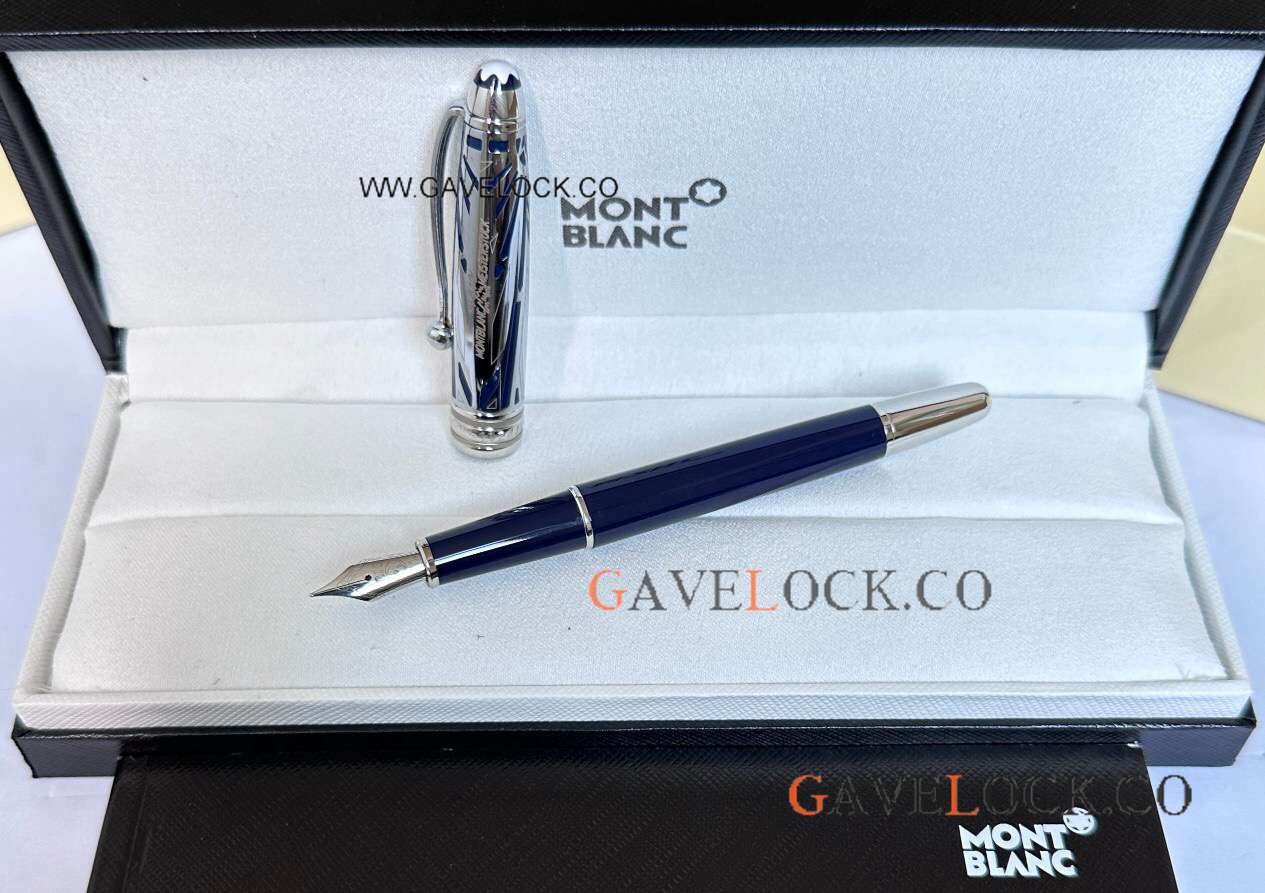 New Copy Mont blanc 100 Meisterstück 164 Fountain Silver Cap Blue Resin